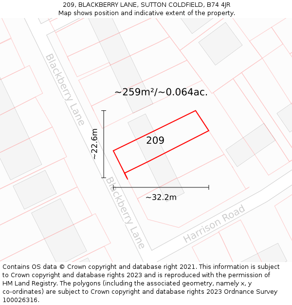 209, BLACKBERRY LANE, SUTTON COLDFIELD, B74 4JR: Plot and title map