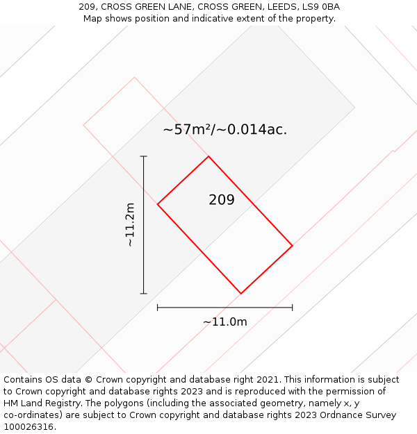 209, CROSS GREEN LANE, CROSS GREEN, LEEDS, LS9 0BA: Plot and title map
