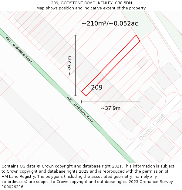 209, GODSTONE ROAD, KENLEY, CR8 5BN: Plot and title map