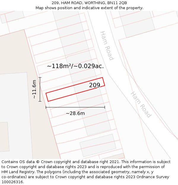 209, HAM ROAD, WORTHING, BN11 2QB: Plot and title map