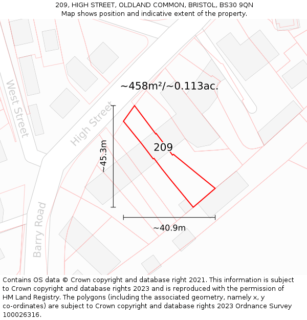 209, HIGH STREET, OLDLAND COMMON, BRISTOL, BS30 9QN: Plot and title map
