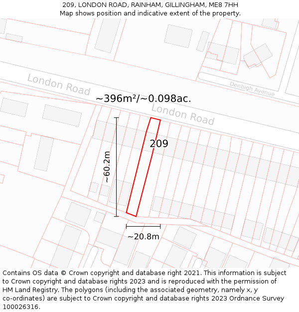 209, LONDON ROAD, RAINHAM, GILLINGHAM, ME8 7HH: Plot and title map