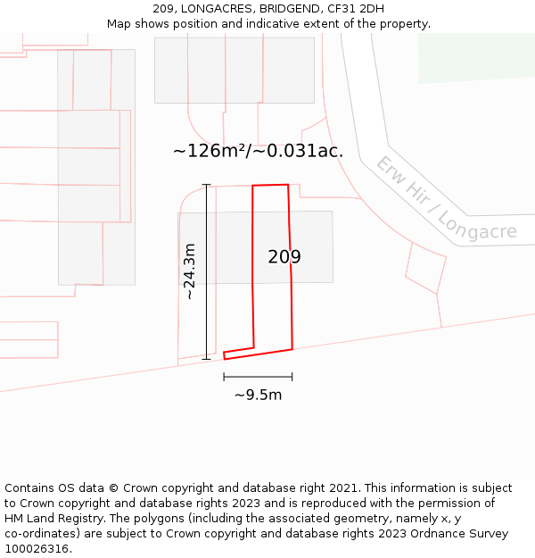 209, LONGACRES, BRIDGEND, CF31 2DH: Plot and title map