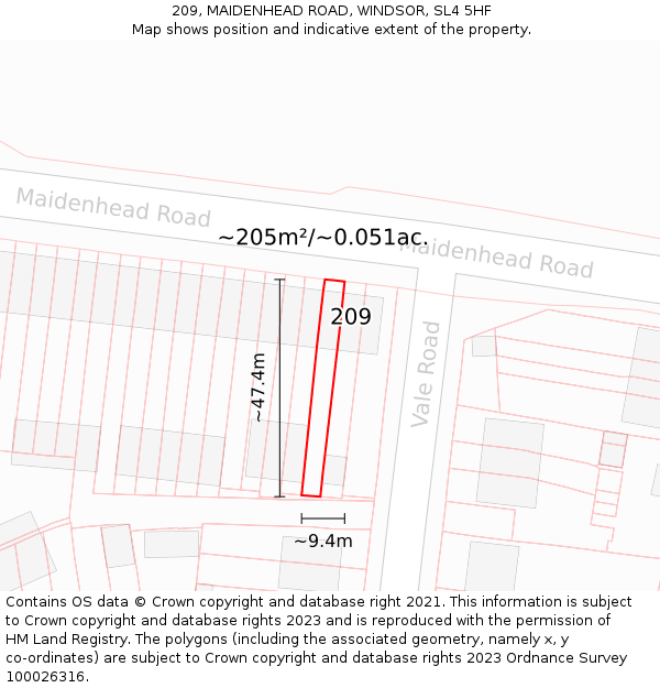209, MAIDENHEAD ROAD, WINDSOR, SL4 5HF: Plot and title map