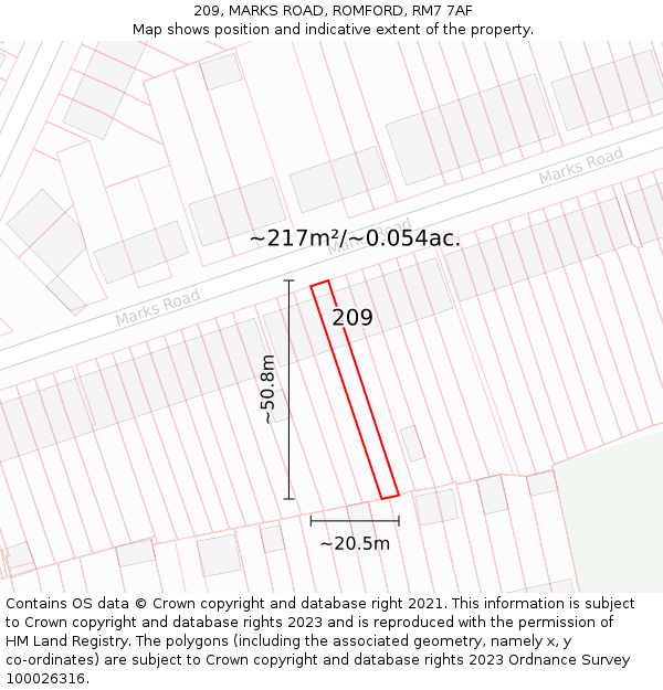 209, MARKS ROAD, ROMFORD, RM7 7AF: Plot and title map