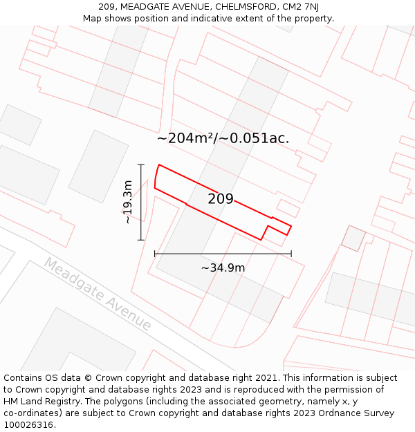 209, MEADGATE AVENUE, CHELMSFORD, CM2 7NJ: Plot and title map