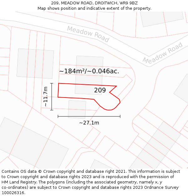 209, MEADOW ROAD, DROITWICH, WR9 9BZ: Plot and title map