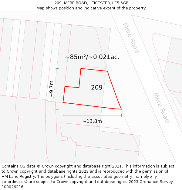 209, MERE ROAD, LEICESTER, LE5 5GR: Plot and title map
