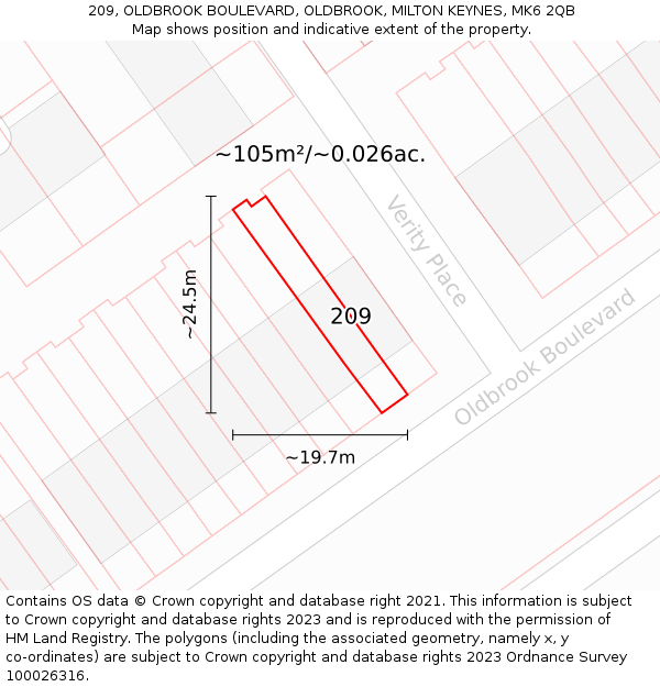 209, OLDBROOK BOULEVARD, OLDBROOK, MILTON KEYNES, MK6 2QB: Plot and title map