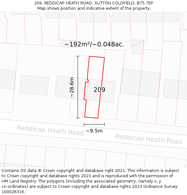 209, REDDICAP HEATH ROAD, SUTTON COLDFIELD, B75 7EP: Plot and title map
