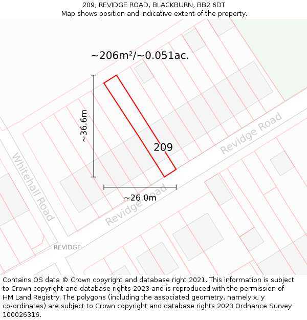 209, REVIDGE ROAD, BLACKBURN, BB2 6DT: Plot and title map