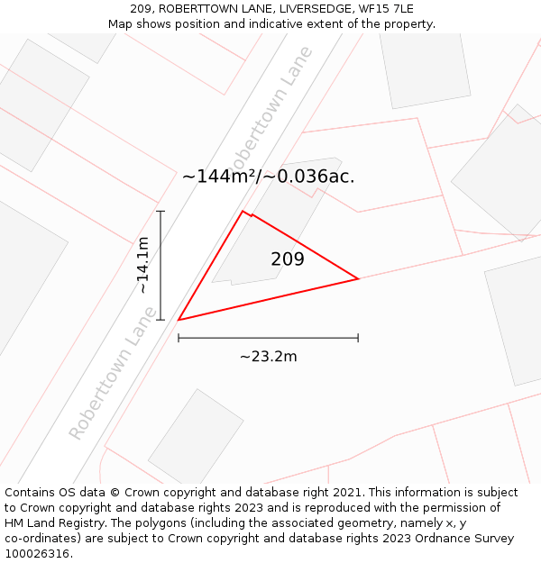 209, ROBERTTOWN LANE, LIVERSEDGE, WF15 7LE: Plot and title map