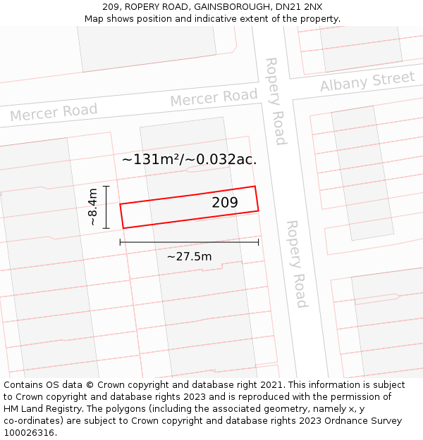 209, ROPERY ROAD, GAINSBOROUGH, DN21 2NX: Plot and title map