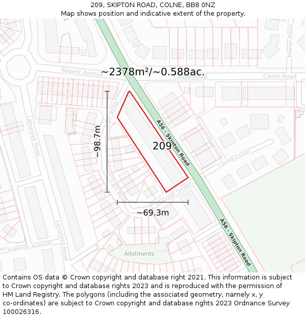 209, SKIPTON ROAD, COLNE, BB8 0NZ: Plot and title map