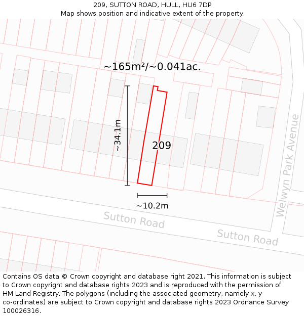 209, SUTTON ROAD, HULL, HU6 7DP: Plot and title map