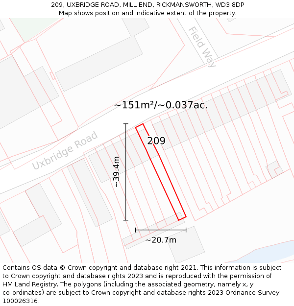 209, UXBRIDGE ROAD, MILL END, RICKMANSWORTH, WD3 8DP: Plot and title map