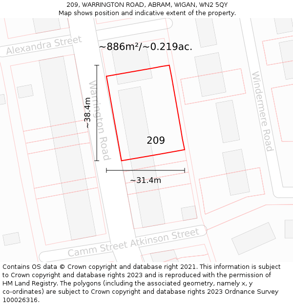209, WARRINGTON ROAD, ABRAM, WIGAN, WN2 5QY: Plot and title map