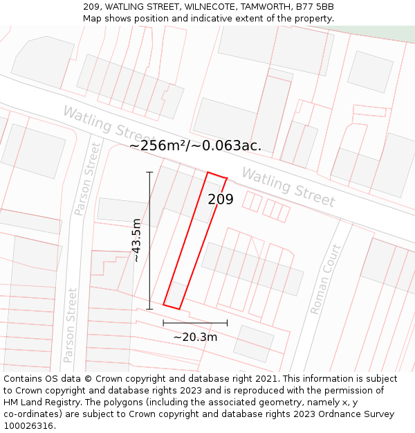 209, WATLING STREET, WILNECOTE, TAMWORTH, B77 5BB: Plot and title map