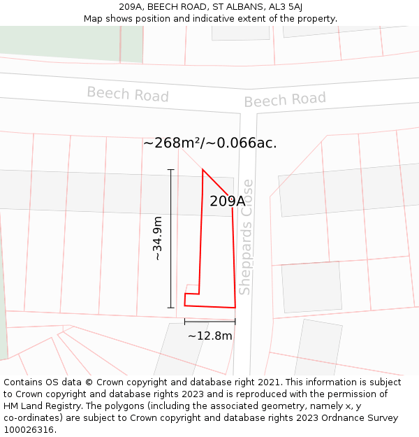 209A, BEECH ROAD, ST ALBANS, AL3 5AJ: Plot and title map
