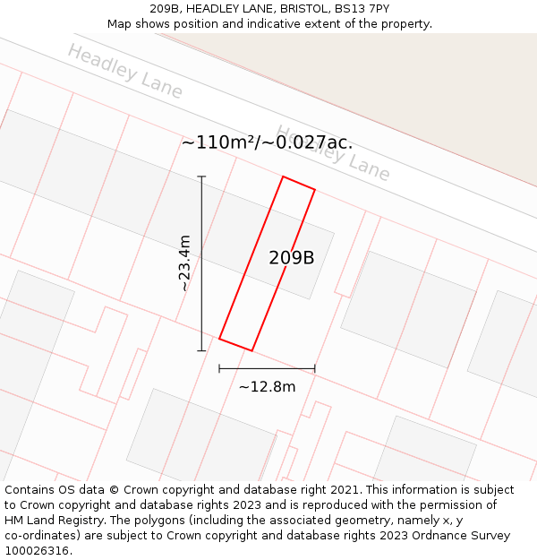 209B, HEADLEY LANE, BRISTOL, BS13 7PY: Plot and title map