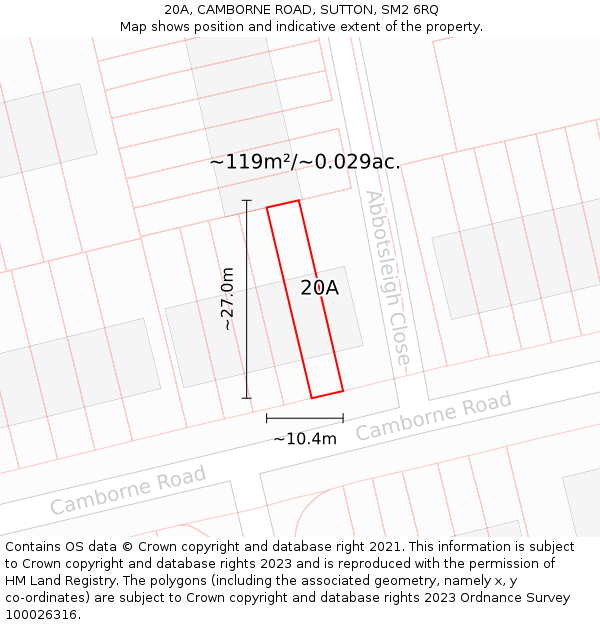 20A, CAMBORNE ROAD, SUTTON, SM2 6RQ: Plot and title map