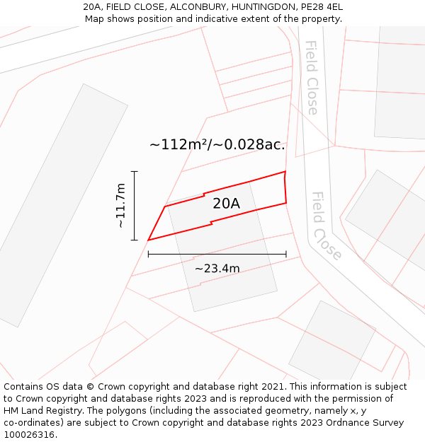 20A, FIELD CLOSE, ALCONBURY, HUNTINGDON, PE28 4EL: Plot and title map