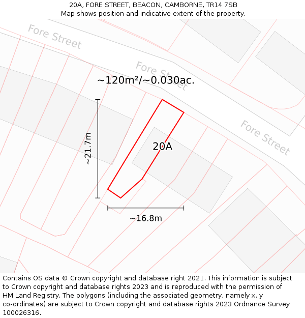 20A, FORE STREET, BEACON, CAMBORNE, TR14 7SB: Plot and title map