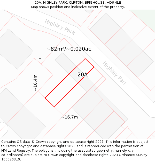 20A, HIGHLEY PARK, CLIFTON, BRIGHOUSE, HD6 4LE: Plot and title map