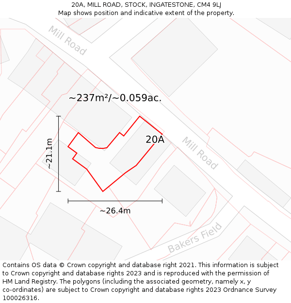 20A, MILL ROAD, STOCK, INGATESTONE, CM4 9LJ: Plot and title map