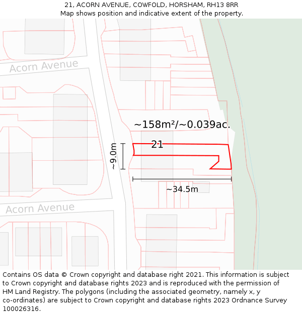 21, ACORN AVENUE, COWFOLD, HORSHAM, RH13 8RR: Plot and title map