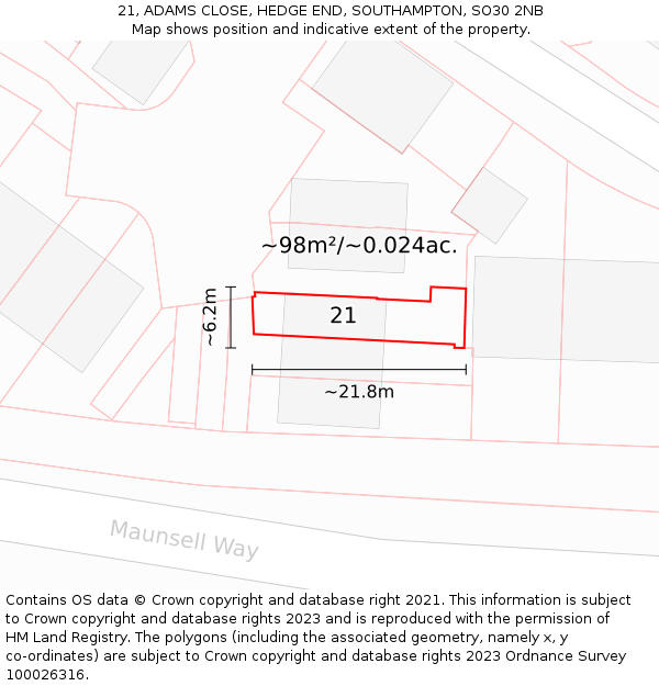 21, ADAMS CLOSE, HEDGE END, SOUTHAMPTON, SO30 2NB: Plot and title map