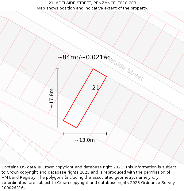 21, ADELAIDE STREET, PENZANCE, TR18 2ER: Plot and title map