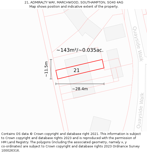 21, ADMIRALTY WAY, MARCHWOOD, SOUTHAMPTON, SO40 4AG: Plot and title map