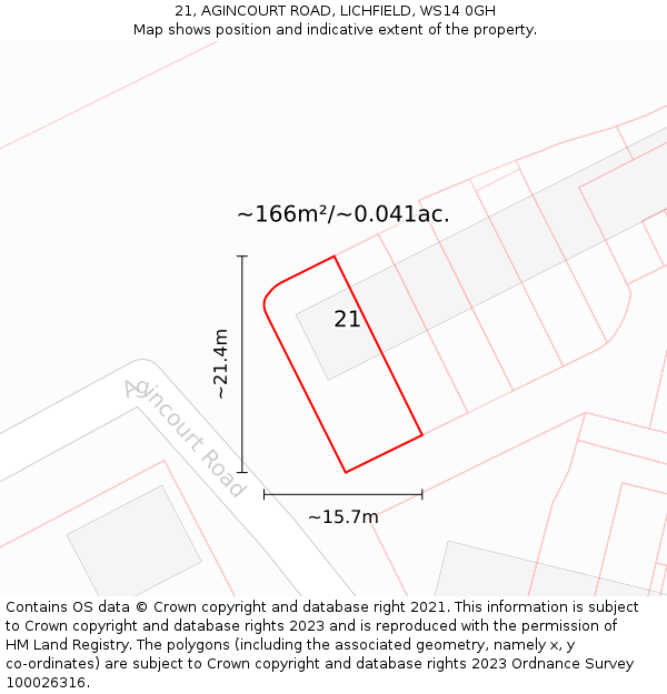 21, AGINCOURT ROAD, LICHFIELD, WS14 0GH: Plot and title map