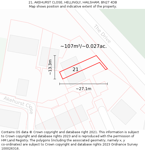 21, AKEHURST CLOSE, HELLINGLY, HAILSHAM, BN27 4DB: Plot and title map