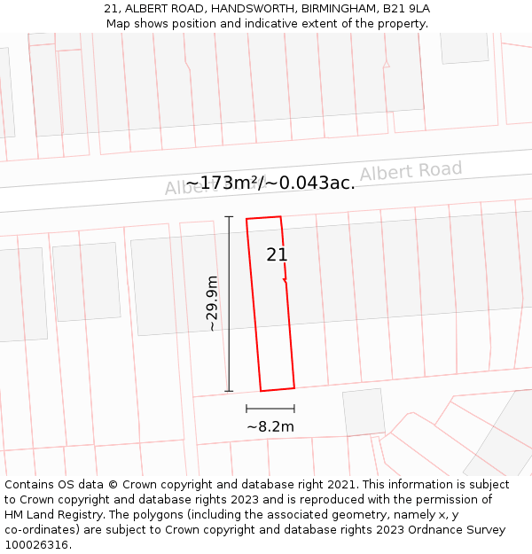 21, ALBERT ROAD, HANDSWORTH, BIRMINGHAM, B21 9LA: Plot and title map