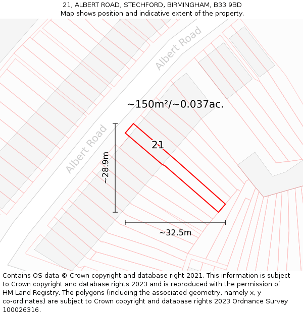 21, ALBERT ROAD, STECHFORD, BIRMINGHAM, B33 9BD: Plot and title map