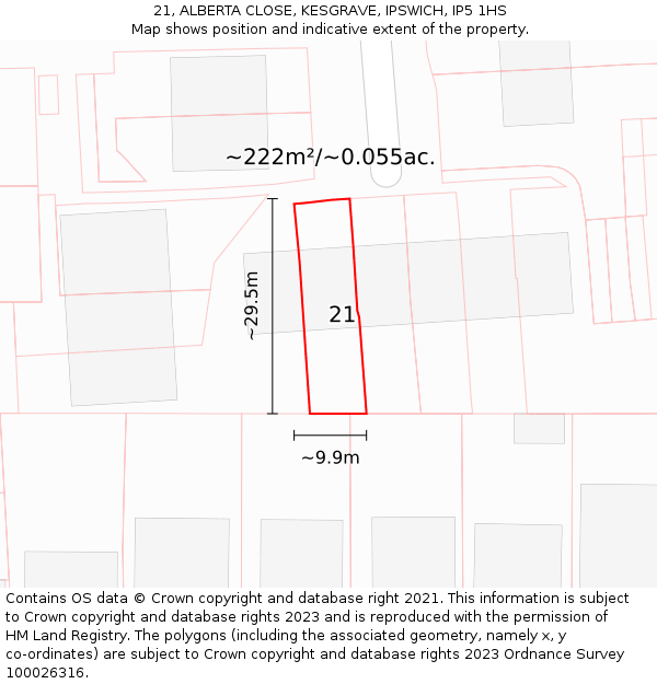 21, ALBERTA CLOSE, KESGRAVE, IPSWICH, IP5 1HS: Plot and title map