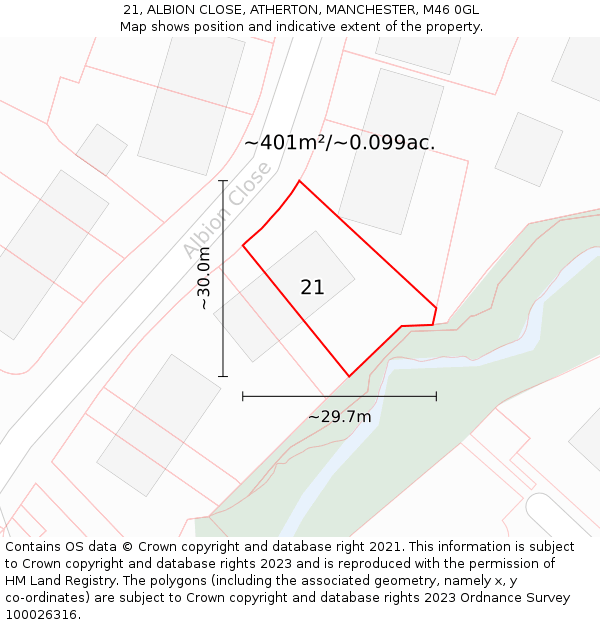21, ALBION CLOSE, ATHERTON, MANCHESTER, M46 0GL: Plot and title map