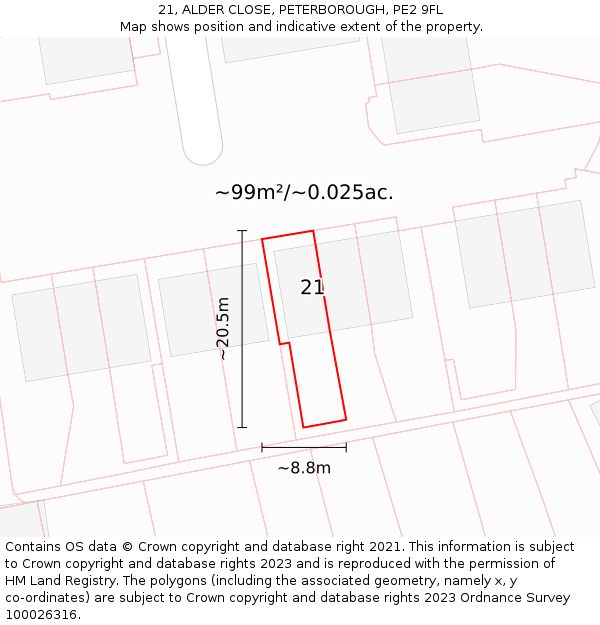 21, ALDER CLOSE, PETERBOROUGH, PE2 9FL: Plot and title map
