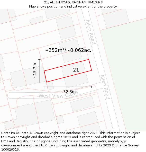 21, ALLEN ROAD, RAINHAM, RM13 9JS: Plot and title map