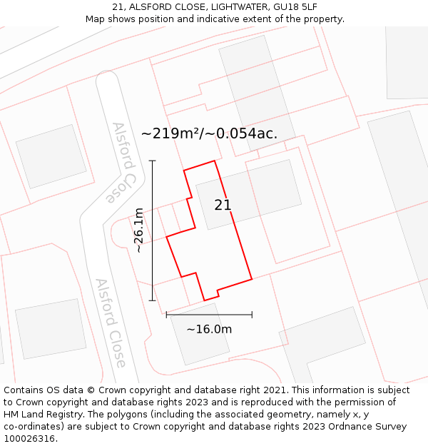 21, ALSFORD CLOSE, LIGHTWATER, GU18 5LF: Plot and title map