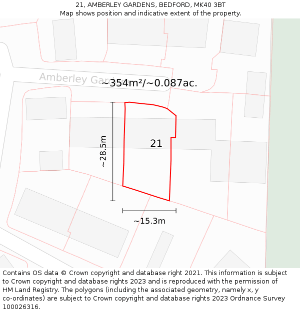 21, AMBERLEY GARDENS, BEDFORD, MK40 3BT: Plot and title map