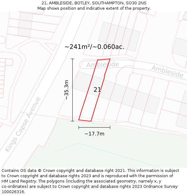 21, AMBLESIDE, BOTLEY, SOUTHAMPTON, SO30 2NS: Plot and title map