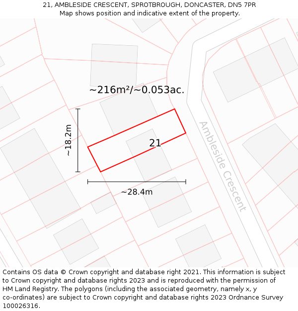21, AMBLESIDE CRESCENT, SPROTBROUGH, DONCASTER, DN5 7PR: Plot and title map