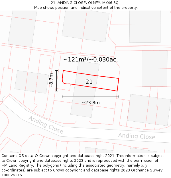 21, ANDING CLOSE, OLNEY, MK46 5QL: Plot and title map