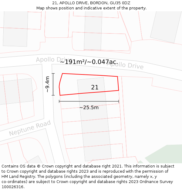 21, APOLLO DRIVE, BORDON, GU35 0DZ: Plot and title map