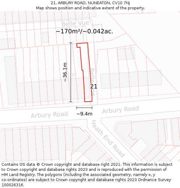 21, ARBURY ROAD, NUNEATON, CV10 7NJ: Plot and title map