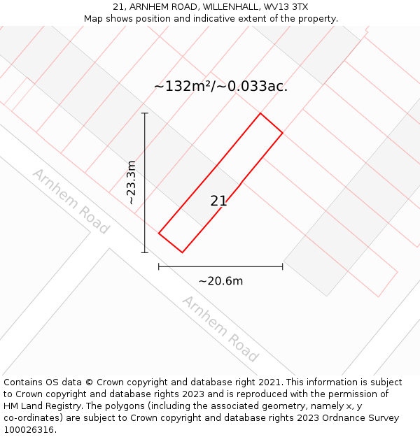 21, ARNHEM ROAD, WILLENHALL, WV13 3TX: Plot and title map