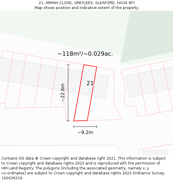21, ARRAN CLOSE, GREYLEES, SLEAFORD, NG34 8FY: Plot and title map
